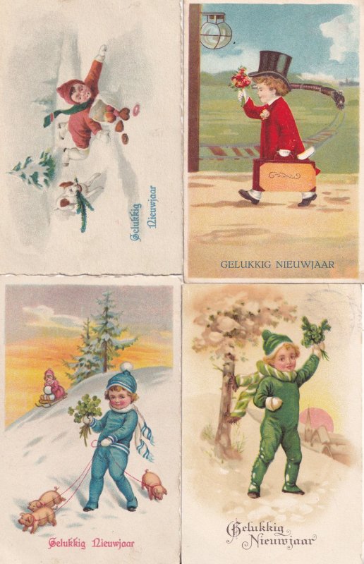 Dutch Child With Railway Train Pig On Lead 4x Old Happy New Year Postcard s