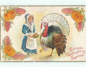 Pre-Linen thanksgiving CUTE PILGRIM GIRL GIVES FOOD TO TURKEY k8946