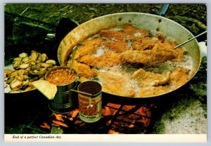 Frying Fish Over Campfire, Angler's Paradise, Canada, Chrome Postcard