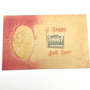 1909 Novelty Mini Calendar Postcard Happy New Year United Art Embossed Pink A144
