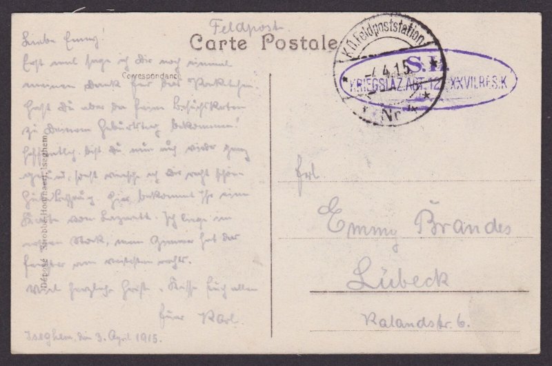 GERMANY 1915, Fieldpost card, Izegem Belgium, WWI