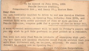 1925 Pan-Am Service Station Free Motor Oil Offer Boston MA Advertising Postcard