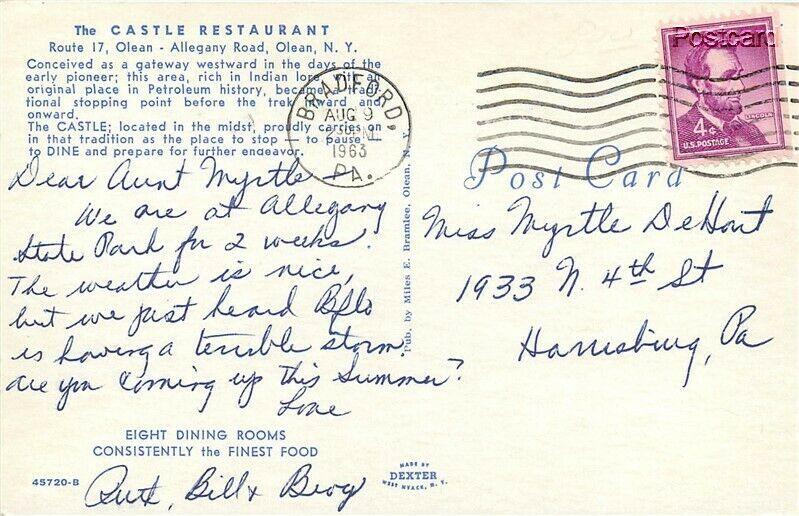 NY, Olean, New York, The Castle Restaurant, Postmark 1963, Dexter No. 45720-B