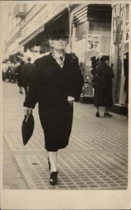 Woman Street View Walkie Action Shot Purse c1940s Real Photo Postcard