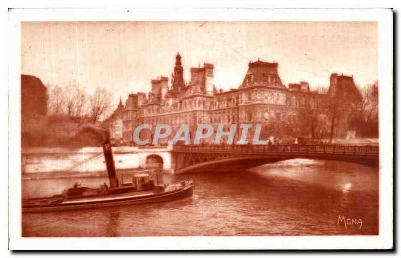 Old Postcard Paris City Hall and the bridge of Arcola Boat