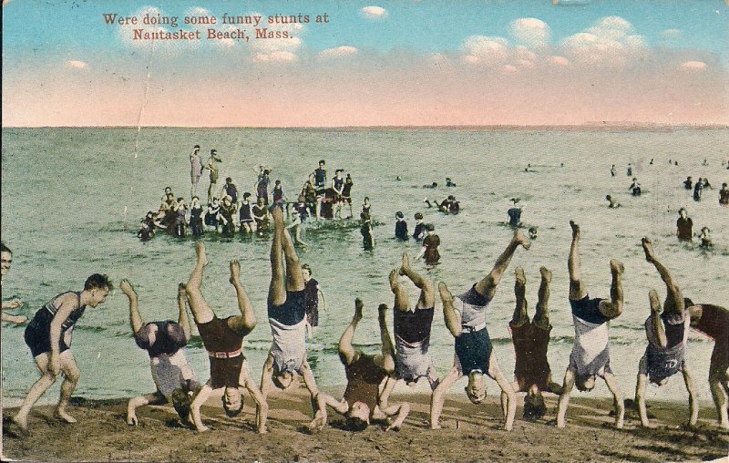 Nantasket Beach, MA, Young Men Doing Acrobatics on Beach, 1915, Bathing Suits