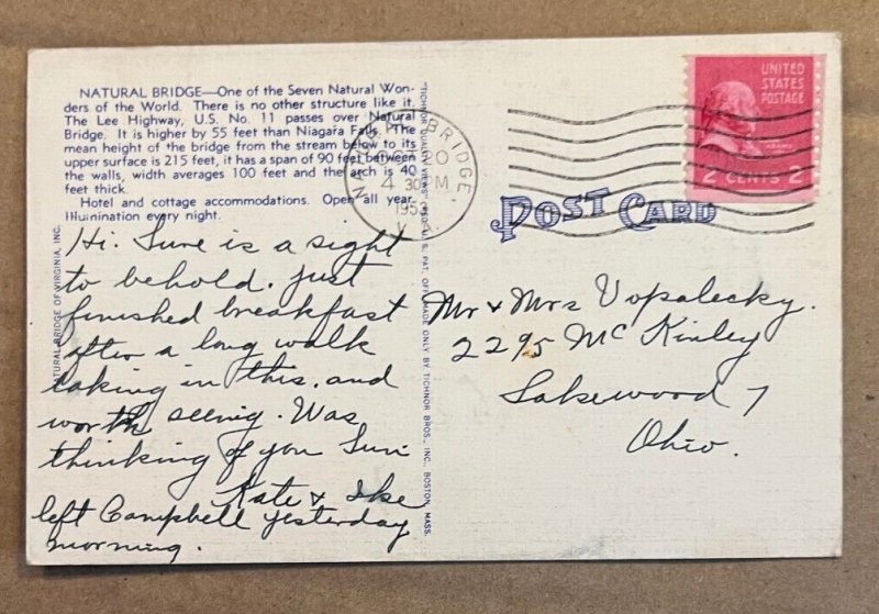 USED LINEN POSTCARD - NATURAL BRIDGE, VIRGINIA