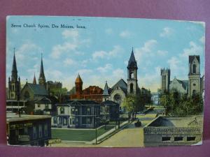 Old Postcard IA Des Moines Seven Church Spires 1911