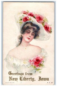 1910 Greetings New Liberty Iowa Woman With Hat Scene IA Posted Vintage Postcard