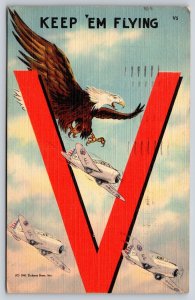 Cochran Field GA~Large V~Keep 'Em Flying~Eagle Airplanes~Pvt W Earl Helton~Linen