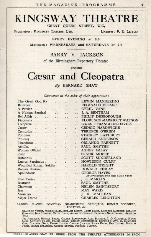 Ceasar & Cleopatra Bernard Shaw Kingsway Vintage Theatre Programme