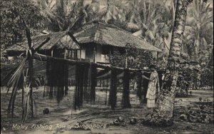 Malay Fishing Town Singapore Indigenous Homes Man c1910 Vintage Postcard