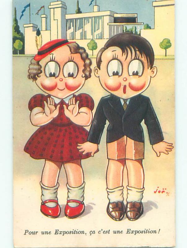 Unused Pre-Linen foreign signed SURPRISED FRENCH KIDS WITH WIDE EYES k6187