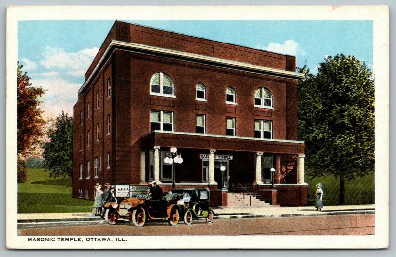 Ottawa Illinois~Masonic Temple~AF & AS~Ladies at Vintage Cars~1920s Postcard 