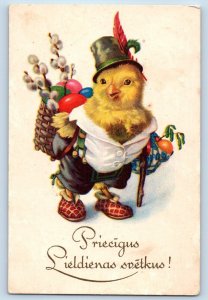 Latvia Postcard Easter Anthropomorphic Chick With Egg Pipe Berry In Basket