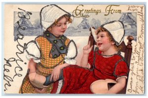 c1910's Greetings From Beatrice Nebraska NE, Dutch Kids Glitter Antique Postcard