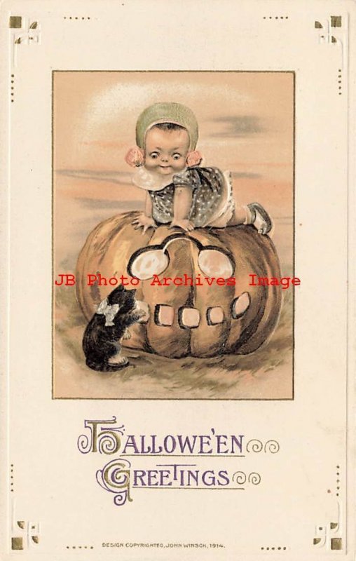 4 Postcards Halloween Set, Winsch 1914 No WIN02,Freixas,Girl with Jack o Lantern 