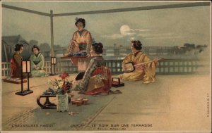 French Shoes Chaussures Raoul Japan Japanese Motif Geishas Tea c1910 Postcard #2