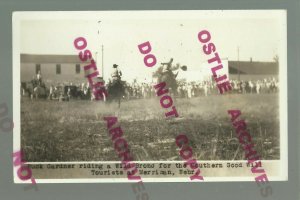 Merriman NEBRASKA RPPC c1920 COWBOY BUCKING HORSE Main Street TOURISTS nr Gordon