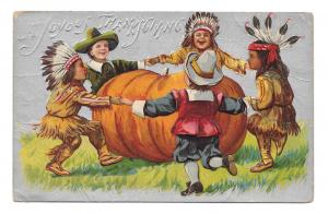 Thanksgiving Pilgrim Indian Children Pumpkin Silver Background Embossed Postcard
