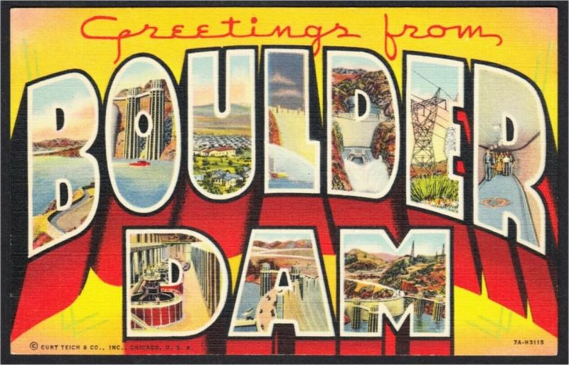 Boulder Dam NV AZ Large Letter Linen Postcard by Curteich 1937 Hoover Dam