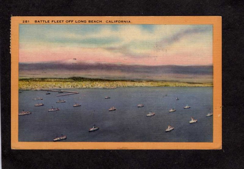 CA Battle Fleet Navy Naval Ships Military Long Beach California Linen Postcard