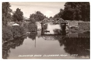 RPPC Coldwater River, Bridge, Boats, 1940's Cars, Coldwater, MI Postcard