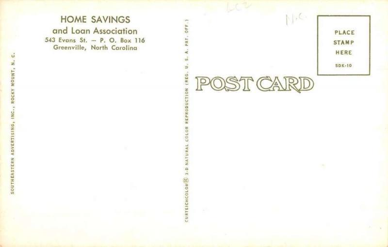 Greenville North Carolina Home Savings Loan Association Vintage Postcard K93044