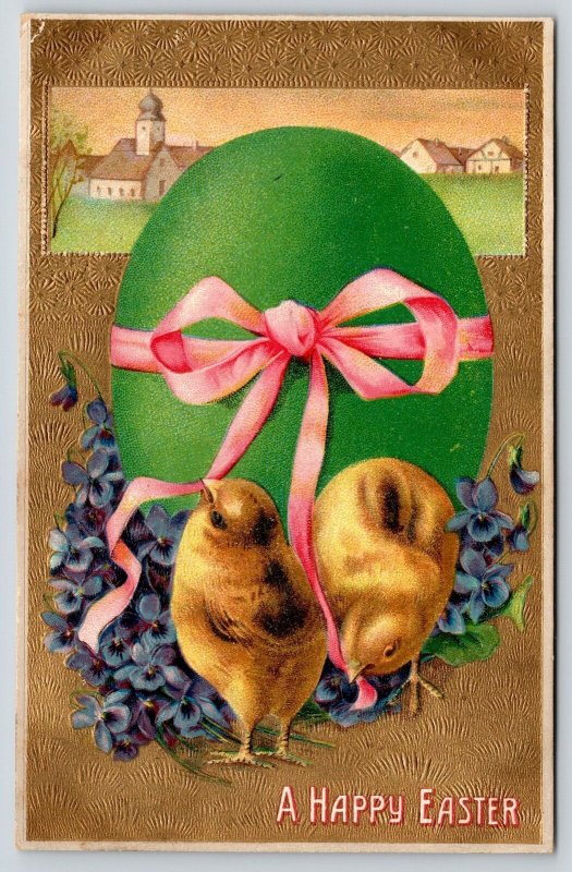 Easter~Chicks Pull Hot Pink Ribbon From Big Green Egg~Gold Back Embossed~Germany 