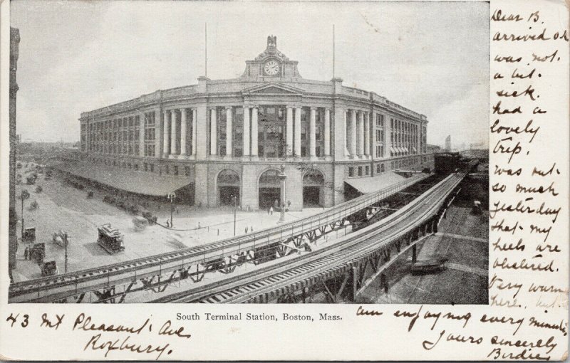 Boston MA South Terminal Station Train 1907 Roxbury Station Marking Postcard F81 