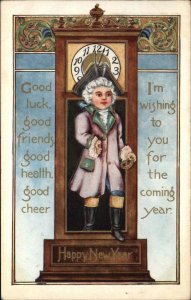 New Year Colonial Man in Wig Inside Grandfather Clock c1910 Postcard