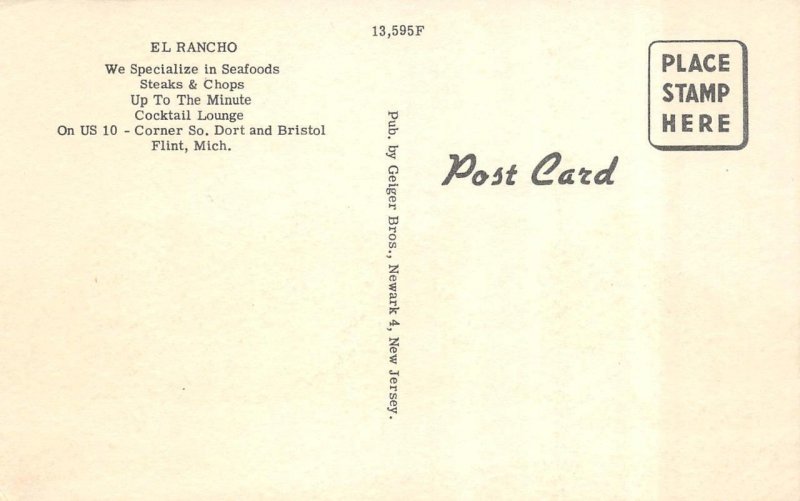 FLINT, Michigan MI    EL RANCHO RESTAURANT & LOUNGE  ca1950's ROADSIDE Postcard