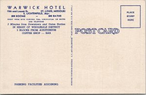 St Louis Missouri Warwick Hotel Colorful Linen Postcard W8