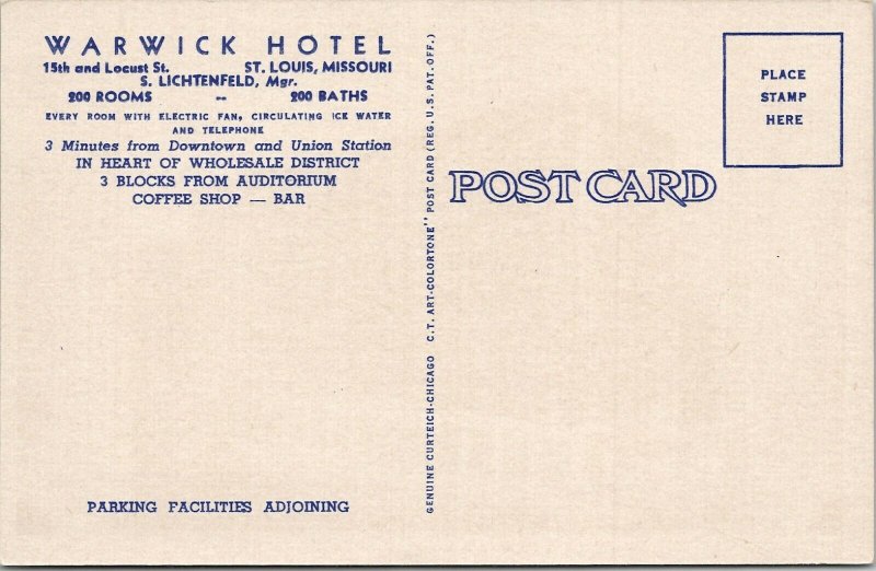 St Louis Missouri Warwick Hotel Colorful Linen Postcard W8