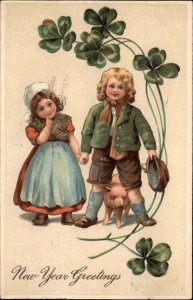 New Year PFB Serie 11096 Little Boy and Girl with Piglet c1910 Vintage Postcard