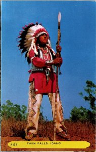 Native American Chief with Spear Twin Falls Idaho Postcard