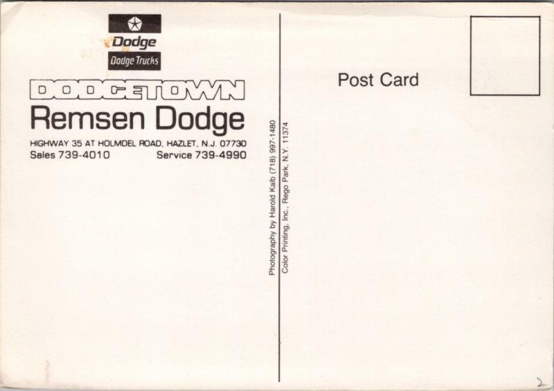 Remsen Dodge Dodgetown Hazlet New Jersey NJ Ad Advert Unused Postcard D44 *As Is