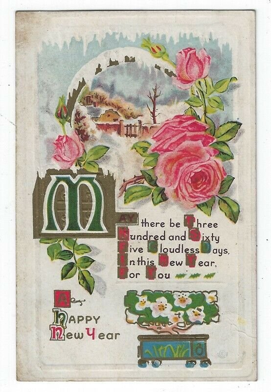 Vintage New Year Greetings Postcard, A Winter Scene, Pink Roses, Verse, 1915