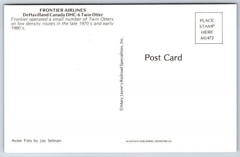 Transportation Plane~Frontier Airlines DeHavilland Canada DHC-6~Vintage Postcard