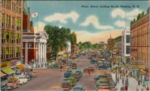 Nashua New Hampshire Main Street Looking South Shops Cars Linen Postcard W7