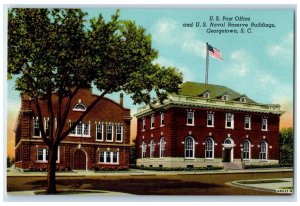 c1950 US Post Office & US Naval Reserve Buildings US Flag Georgetown SC Postcard