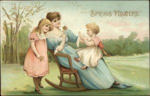 Mother & Daughters Rocking Chair on Lawn SPRING FLOWERS c1910 Postcard