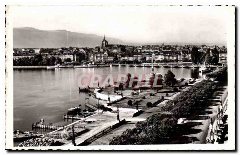 Postcard Old Geneva Quai du Mont Blanc and harbor