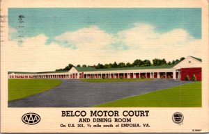 Linen Postcard Belco Motor Court and Dining Room US 301 in Emporia, Virginia