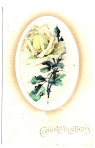 Silk Cloth Oval, White Rose Appliqued, CONGRATULATIONS, Used Vintage Greeting