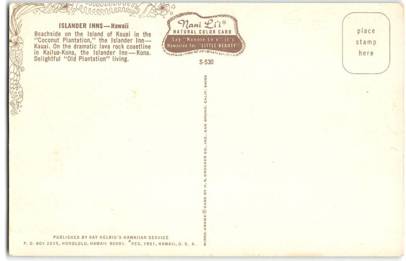 ISLANDER INNS Kauai, Hawaii Hotel Swimming Pool 1960s Chrome Vintage Postcard