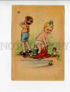 3118936 Lovely Girl & FROG near River Vintage Colorful PC