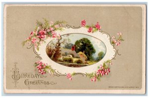 John Winsch Signed Postcard Birthday Greetings Flowers Embossed c1910's Antique