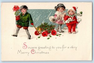 Christmas Postcard Greetings Children With Gifts Berries And Poinsettia Flower