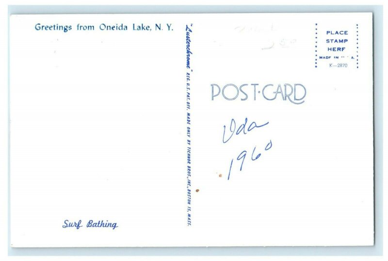 c1960's Greetings From Oneida New York NY Surf Bathing Postcard 